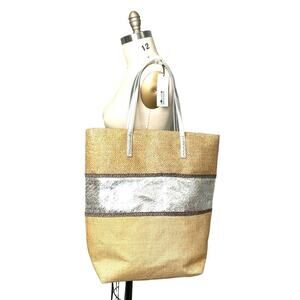 New Molly Bracken Burlap + Silver Gold Metallic tote eco shopper bag Beach
